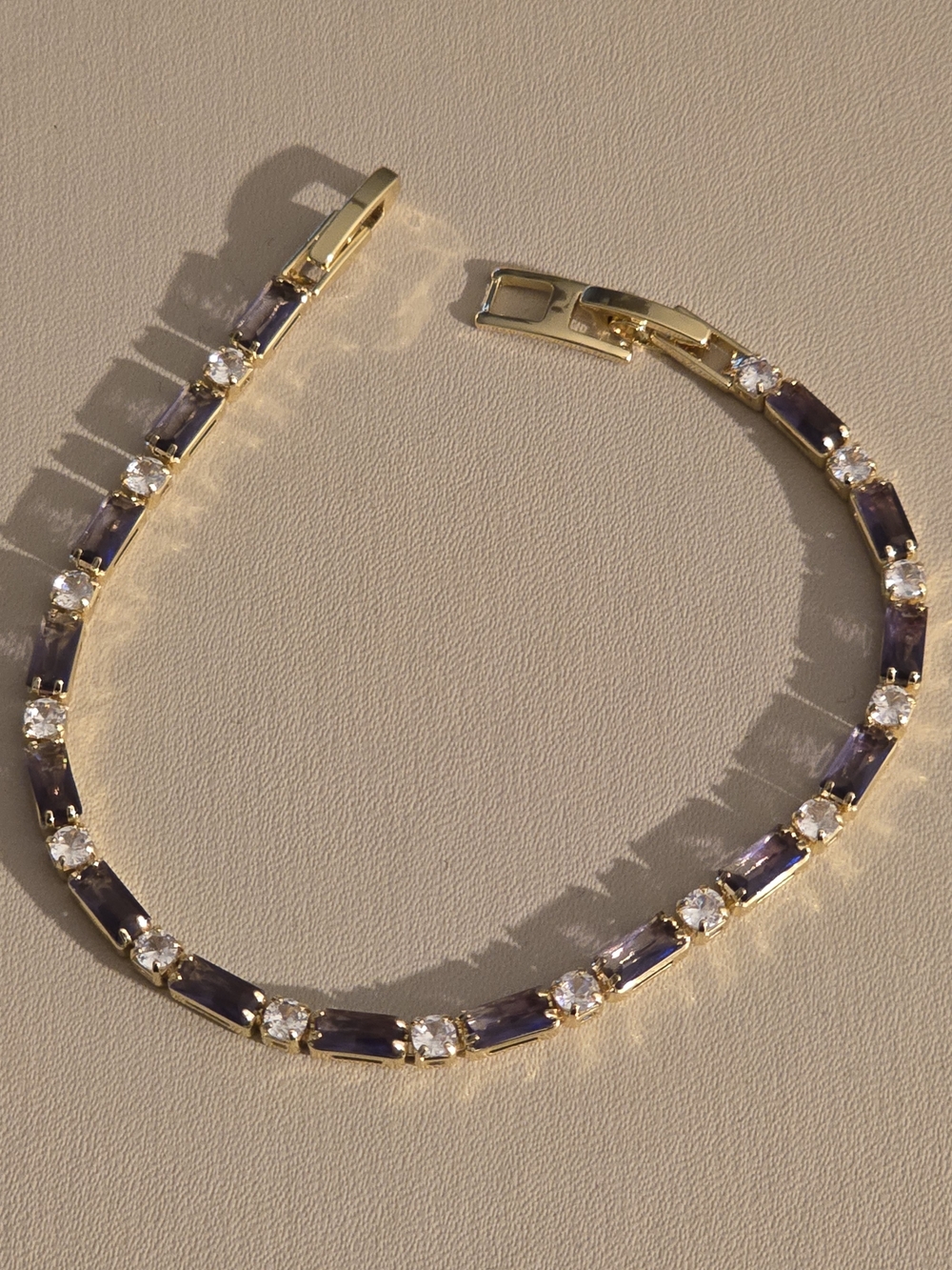 Gold Tennis Bracelet with Purple and Clear Stones